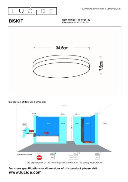 Lucide BISKIT - Flush ceiling light Bathroom - Ø 34,5 cm - LED - 1x24W 2700K - IP44 - Motion & Day/Night Sensor - Black - technical